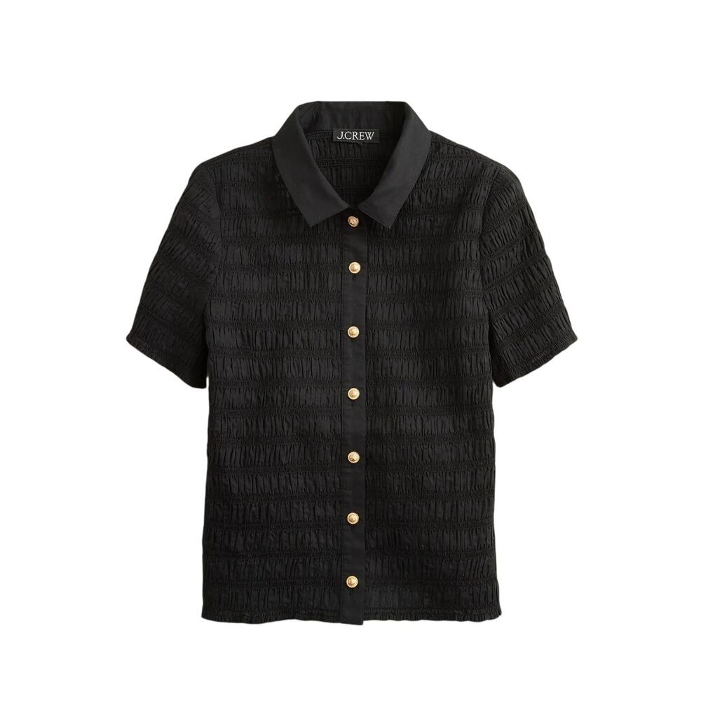 J. Crew‎ Smocked Button-Up Shirt in Cotton-Blend Voile Women's Black Size 2X